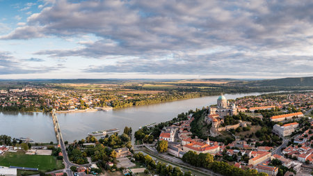 Panoramic view from Esztegom with river Danube and basilicaの写真素材