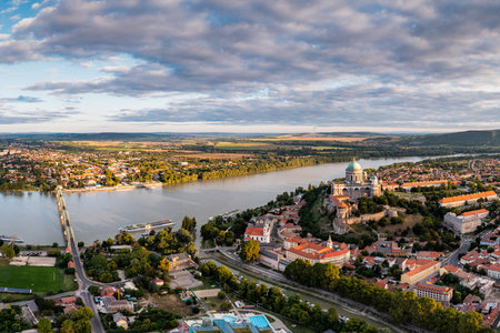Panoramic view from Esztegom with river Danube and basilicaの写真素材