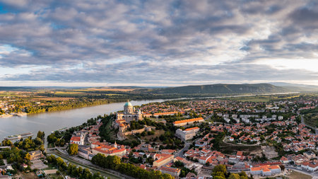 Panoramic view from Esztegom with river Danube and basilicaの写真素材