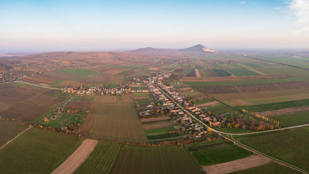 Aerial view of Szarsomlyo mountain with small village in Hungaryの写真素材