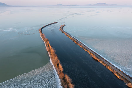 Winter landscape from above at Balatonmariafurdoの写真素材