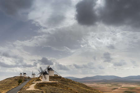 old windmills in the town of Consuegra on the route of El Quijote, in the province of Toledoの写真素材