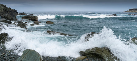 Panoramic view without people Beach with rocks on the coast of Asturias in Spain.