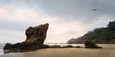 Panoramic view of Playa del Aguilar at low tide at sunset in Asturias in Spain.の写真素材