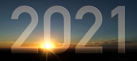 Text with the number of the year 2021 with a background image of the rising sun. Happy New Year 2021.の写真素材