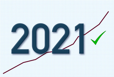 Year 2021 number on a positive business balance with an Ok sign.