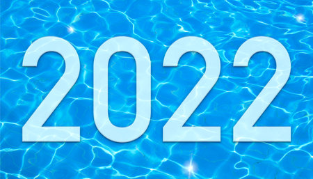 2022. New year. Text with the numbers on an image of blue water.