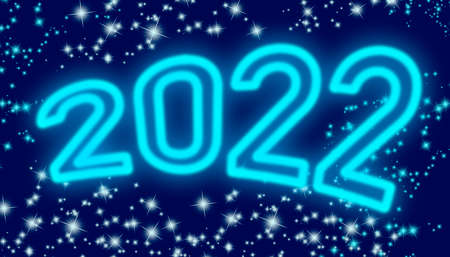 New year 2022. Illustration with blue neon imitation number with dark blue background and shining stars.の写真素材