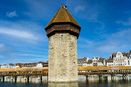 View of the KapellbrÃ¼cke, a 14th century medieval bridge and tower in the Swiss city of Lucerne. It is the oldest surviving medieval bridge in Europe.の写真素材