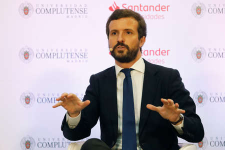 Medium shot of Spanish politician Pablo Casado, current president of the centre-right Partido Popular group. Escorial University - Maria Cristina de San Lorenzo de El Escorial, Madrid, on July 22, 2020.のeditorial素材