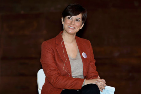 Portrait of the current minister of territorial policy and government spokesperson Isabel Rodriguez Garcia, in the auditorium of the Faculty of Philology during a conference.のeditorial素材