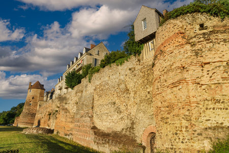 View of the ancient Gallo-Roman wall of Lemans in France, built with stones in warm tones.のeditorial素材