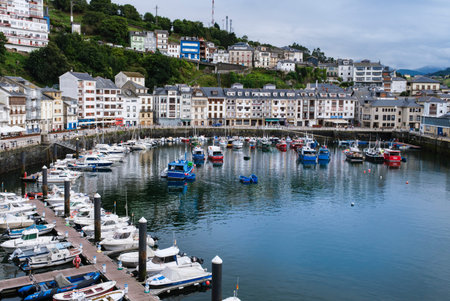View of the Asturian town of Luarca with the marina and fishing port in the foreground.のeditorial素材