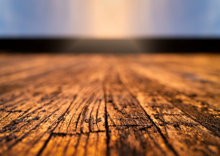 Wooden slats in warm tones with lots of texture and shallow depth of field. Background and template concept.の写真素材