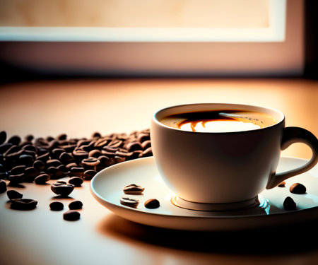 A cup of coffee on a plate and on a table with coffee beans next to it with a window in the background out of focus. Warm and pleasant atmosphereの素材