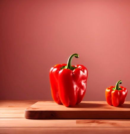 Two red peppers placed on a red wooden board with copy space and very soft lighting. and very soft lighting.の素材