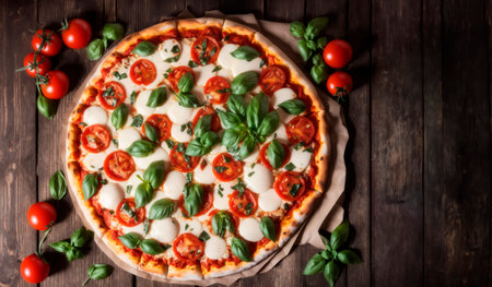 Overhead view of an Italian pizza with tomato, mozzarella and basil on a wooden table.の素材