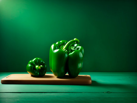 Two green peppers on a wooden board with green background and copy space.の素材