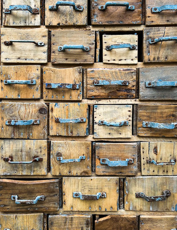 Front image of antique storage drawers in wood material, with metal handles.の写真素材