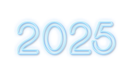 Image of number 2025 in blue neon text on white background. Template and new year concept.