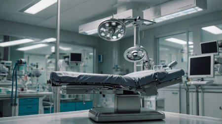 Modern medical equipment in a hospital operating room, without people. Shallow depth of field and copy space.の素材