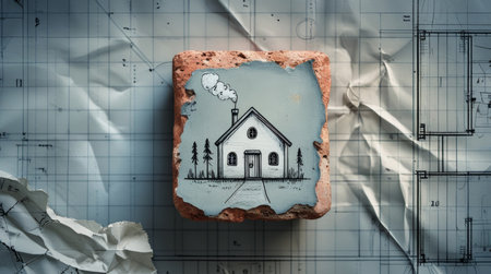 Drawing of a single family house on red brick and some architectural plans. Design concept and construction of houses.の素材