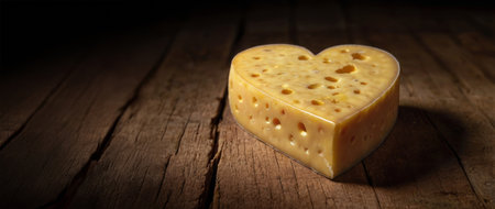 Portion of cheese in the shape of a heart on a rustic wooden table with warm lighting.の素材