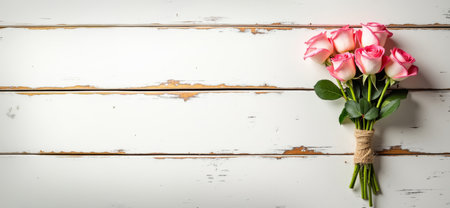 Top view of a wooden plank table with aged white paint with a small bouquet of soft pink roses on the right.の素材