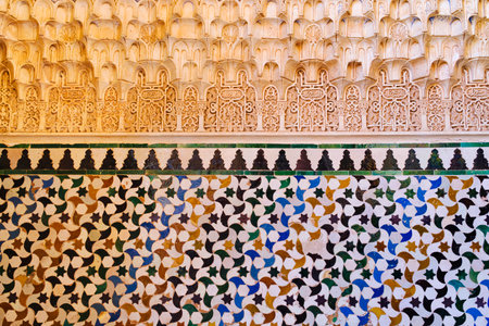 Architectural detail of the decoration of a wall inside the Alhambra in Granada.の写真素材