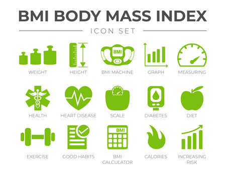BMI Body Mass Index Icon Set. Weight, Height, BMI Machine, Graph, Measuring, Health, Heart Disease, Scale, Diabetes, Diet, Exercise, Habits, BMI Calculator, Calories, Risk Icons.のイラスト素材