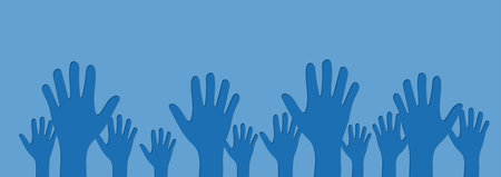 Human Hands Raised Up Cutout on Blue  Background