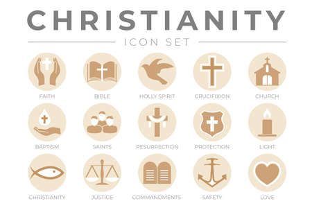 Round Christianity Icon Set with Faith, Bible, Crucifixion , Baptism, Church, Resurrection, Holy Spirit, Saints, Commandments,Light, Protection, Justice, Safety and Love Color Iconsのイラスト素材