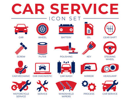 Red Blue Car Service Icons Set with Battery, Oil, Gear Shifter, Filter, Polishing, Key, Steering Wheel, Diagnostic, Wash, Mirror, Headlamp Iconsのイラスト素材