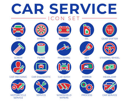 Car Service Round Outline Icons Set with Battery, Oil, Gear Shifter, Filter, Polishing, Key, Steering Wheel, Diagnostic, Wash, Mirror, Headlamp Icons in Blue, Green and Red Colorのイラスト素材