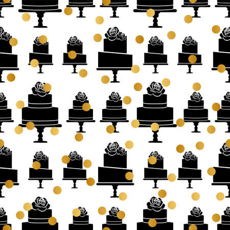 Black and White Cake Pattern Background with Gold Dotsのイラスト素材