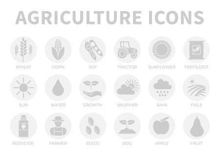 Light Grey Agriculture Round Icon Set of Wheat, Corn, Soy, Tractor, Sunflower, Fertilizer, Sun, Water, Growth, Weather, Rain, Fields, Pesticide, Farmer, Seeds, Soil, Apple, Fruit Icons.のイラスト素材