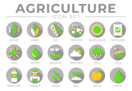 Gray and Color Agriculture Round Icon Set of Wheat, Corn, Soy, Tractor, Sunflower, Fertilizer, Sun, Water, Growth, Weather, Rain, Fields, Pesticide, Farmer, Seeds, Soil, Apple, Fruit Icons.のイラスト素材
