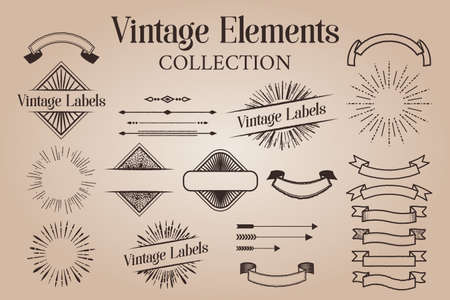Vintage Elements Collection of Badges, Ribbons, Labels, Arrows, Sun Rays and Dividersのイラスト素材