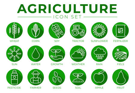 Agriculture Round Outline Icon Set of Wheat, Corn, Soy, Tractor, Sunflower, Fertilizer, Sun, Water, Growth, Weather, Rain, Fields, Pesticide, Farmer, Seeds, Soil, Apple, Fruit Icons.のイラスト素材