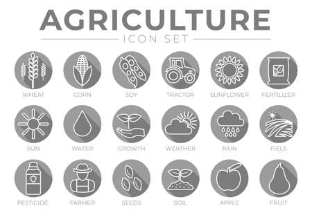 Agriculture Outline Flat and Gray Round Icon Set of Wheat, Corn, Soy, Tractor, Sunflower, Fertilizer, Sun, Water, Growth, Weather, Rain, Fields, Pesticide, Farmer, Seeds, Soil, Apple, Fruit Iconsのイラスト素材