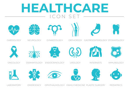Healthcare Icon Set of Cardiology, Neurology, Gynecology, Orthopedy, Gastroenterology, Stomatology,Oncology, Dermatology, Urology, Internists, Immunology, Laboratory, Emergency,  Ophthalmology, Family Medicine, Plastic Surgery, Pediatrics Medical Icons.のイラスト素材