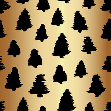 Pine Christmas Tree Seamless Pattern Background in Gold and Blackのイラスト素材