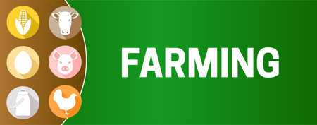 Farming Banner Illustration with Cow, Chicken, Pig, Corn, Milk, Egg Iconsのイラスト素材