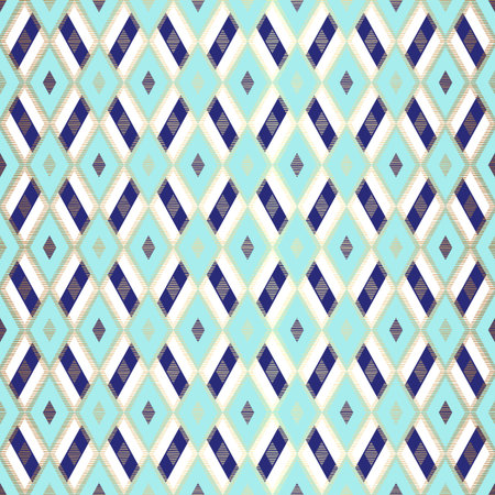 Elegant Blue  Seamless Pattern Vector with Geometric Rhombus Shapes and Gold Details