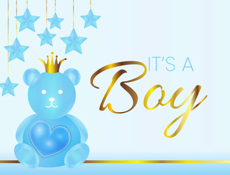 It's a Boy Vector Illustration with Blue Bear, Crown and Stars and Gold Elementsの写真素材