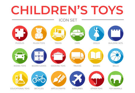 Children's Toys Icon Set with Puzzle, Plush, Train and Car, Board Game, Dolls, Arts and Crafts, Building Sets, Cooking, Ship, Truck, Book, Balls, Educational, Tractor, Bicycle, Plane, Animals, Other and Group Game Colorful Isolated Iconsのイラスト素材