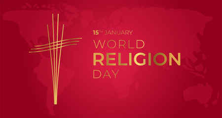 Red World Religion Day Background Illustration Banner with Abstract Gold Christian Crossのイラスト素材