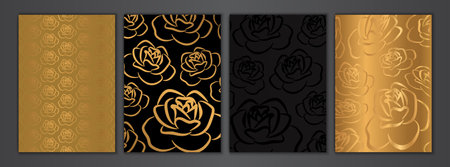 Luxury Rose Background Texture Set in Black and Gold. Flower Frame Collectionのイラスト素材