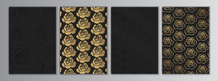 Black Gold Rose Elegant Background Texture Set. Flower Frame Collectionのイラスト素材