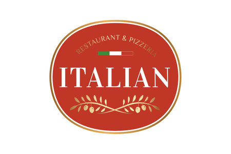 Elegant Italian Restaurant and Pizzeria Logo. Round Red Gold Badgeのイラスト素材